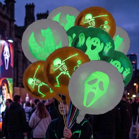 Σετ Φωτεινών Μπαλονιών Αλουμινίου Halloween Θέμα Κρανίο Φάντασμα Διακόσμηση Πάρτι