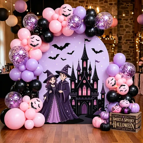 Kit Αψίδας Μπαλονιών Halloween Ροζ Μωβ Νυχτερίδα Κάστρο Μάγισσας Θέμα Πάρτι Φόντο Φωτογραφία Αξεσουάρ Διακόσμησης