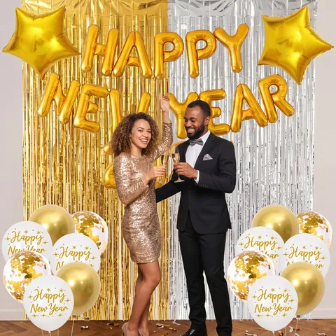 Neujahrs Ballon Set Schwarz Gold Buchstaben Folienballons Stern Latexballons Für Party Foto Hintergrund Dekoration