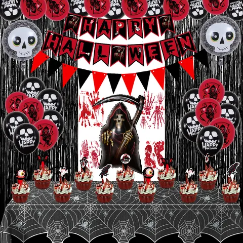Halloween Party Balloon Set Spider Web Tablecloth Grim Reaper Balloons Banner Cake Toppers Decor