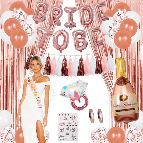 Bride To Be Bachelorette Party Decorations Balloon Kit Rose Gold Champagne Ring Foil Balloons Bride Sash Veil Party Supplies