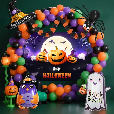Halloween Balloon Arch Kit with Witch Pumpkin Backdrop Latex Balloons Garland for Festival Party Decoration