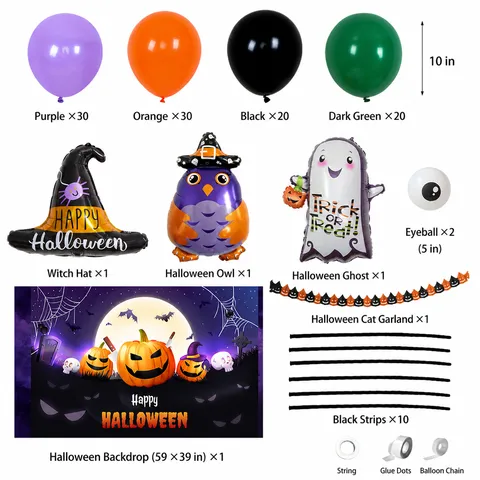 Halloween Balloon Arch Kit with Witch Pumpkin Backdrop Latex Balloons Garland for Festival Party Decoration
