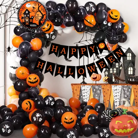 Halloween Balloon Garland Arch Kit With Foil Balloons Banner Pumpkin Bats Halloween Party Decorations Supplies