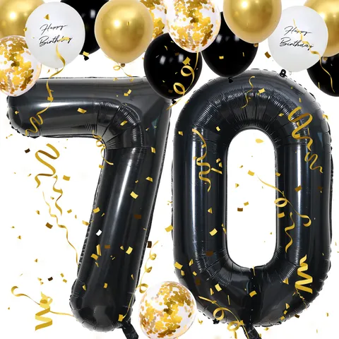 Grande Set di Palloncini in Alluminio con Numeri Palloncini Coriandoli Neri e Dorati Decorazione per Festa di Compleanno