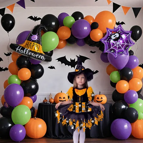 Kit Kamaras Mpaloniou Halloween Mpaloniou Lateks Mov Mavro Portokali Me Kapelo Magissas kai Mpalonia Alouminiou Nyxterida