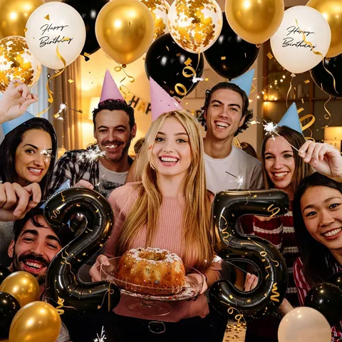 Grande Set di Palloncini in Alluminio con Numeri Palloncini Coriandoli Neri e Dorati Decorazione per Festa di Compleanno