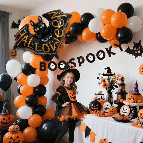 Halloween Balloon Arch Kit Black Orange Latex Balloons With Bat Foil Balloon Spooky Party Decorations Supplies