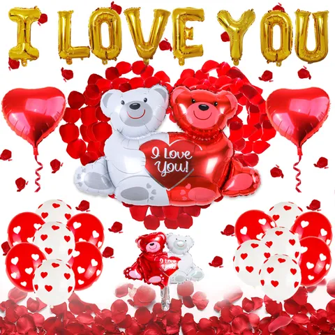 Set di Decorazioni per Palloncini di San Valentino Palloncino in Lattice a Cuore Foglia di Alluminio Orso Abbracciato Palloncini Lettera d'Amore Forniture per Feste Romantiche