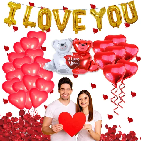Set di Decorazioni per Palloncini di San Valentino Palloncino in Lattice a Cuore Foglia di Alluminio Orso Abbracciato Palloncini Lettera d'Amore Forniture per Feste Romantiche