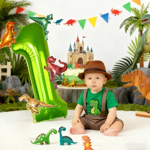 Dinosaur Green Number Balloon Set Giant Aluminum Foil Digital Balloons Kids Birthday Party Decorations