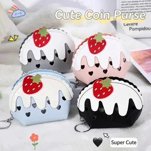 Simpatica Mini Portamonete a Forma di Gelato alla Fragola per Donna Bambini in Pelle PU Piccolo Portafoglio con Cerniera e Portachiavi