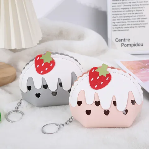 Simpatica Mini Portamonete a Forma di Gelato alla Fragola per Donna Bambini in Pelle PU Piccolo Portafoglio con Cerniera e Portachiavi