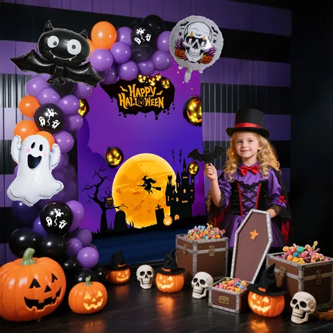 Ensemble de Ballons d'Halloween Feuille d'Aluminium Ballons en Latex Avec Toile de Fond Décoration de Fête