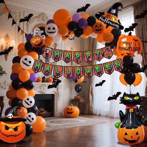 Kit Arco Palloncini Halloween Con Palloncini in Foil Zucca Pipistrello Ragno Striscione Decorazione Festa