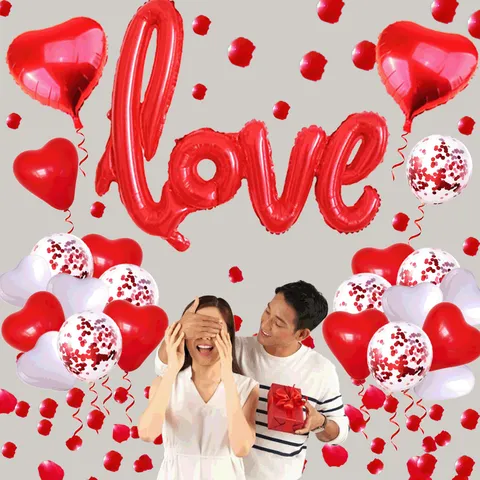 Valentine S Day Balloon Set Love Foil Balloons Heart Latex Balloons Rose Petals Wedding Party Decoration
