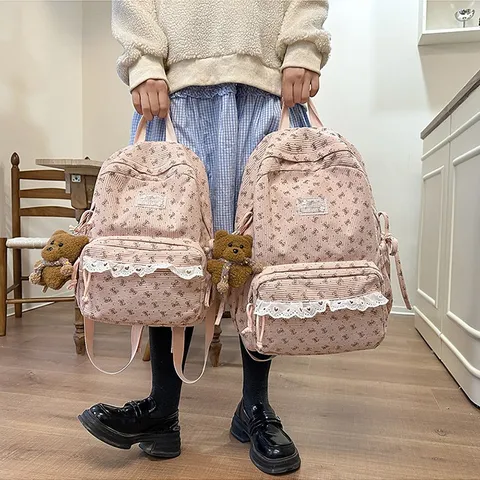 Korean Style Corduroy School Backpack For Women Ins Fashion Large Capacity Casual Bookbag Cute Bear Pendant Daypack