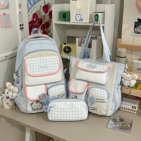 Cute Casual Nylon Student Backpack Tote Bag And Pencil Case Color Block School Bookbag For Teen Girls