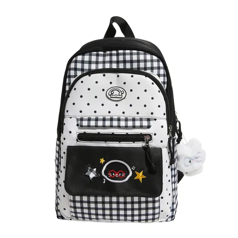 Casual Nylon Plaid Backpack For Teenagers Girls Cute School Bookbag With Plush Pendant Large Capacity Travel Daypack