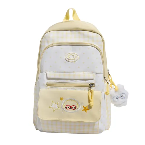 Casual Nylon Plaid Backpack For Teenagers Girls Cute School Bookbag With Plush Pendant Large Capacity Travel Daypack