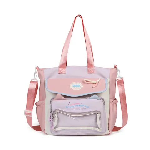Large Capacity Transparent Pocket Canvas Shoulder Bag Cute Student Tutoring Bag Color Block School Bookbag