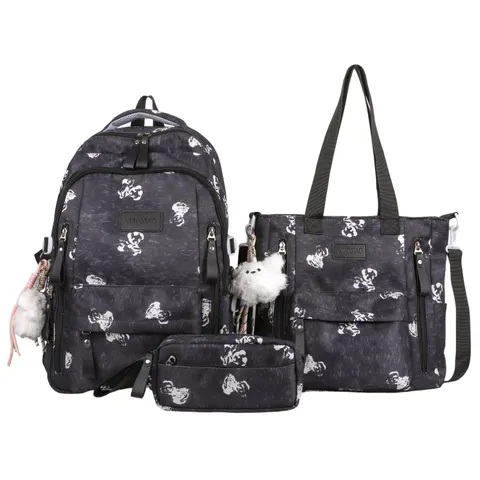 Korean Style Cute Bear Print Waterproof Nylon School Backpack Multi Compartment Student Bookbag Travel Daypack