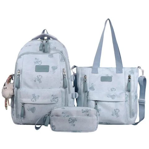 Korean Style Cute Bear Print Waterproof Nylon School Backpack Multi Compartment Student Bookbag Travel Daypack