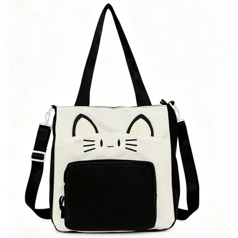 College Style Large Capacity Cat Color-Block Canvas Tote Bag Cute Embroidered Student Commuter Shoulder Crossbody Bag