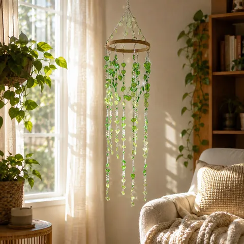 Forest Style Bamboo Ring Green Heart Leaf Crystal Metal Wind Chime Hanging Decoration For Home Balcony Garden Window Decor