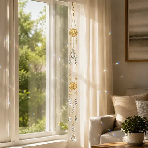 Artificial Crystal Alloy Suncatcher Wind Chime Gold Chain Prism Hanging Decoration For Window Bedroom Home Decor Gift