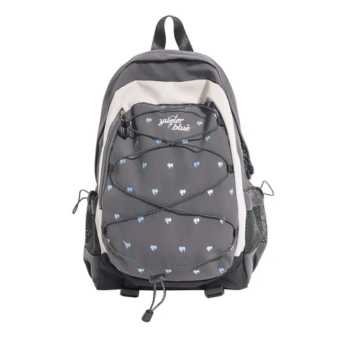 Casual Nylon Backpack Heart Print Contrast Color Fashion School Bag For Women Teenagers Travel Outdoor Waterproof Rucksack