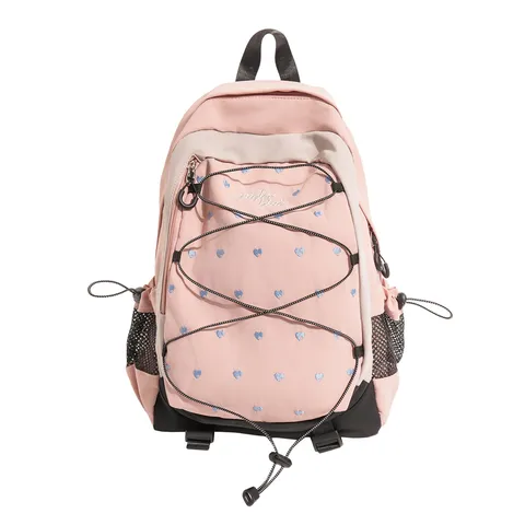 Casual Nylon Backpack Heart Print Contrast Color Fashion School Bag For Women Teenagers Travel Outdoor Waterproof Rucksack