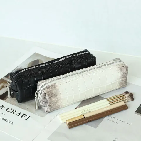 Women's Genuine Leather Crocodile Pattern Cosmetic Bag Portable Head Layer Cowhide Makeup Pouch Zipper Toiletry Organizer Handbag