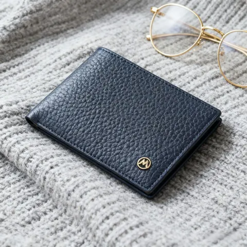 Portefeuille Court Homme en Cuir PU Texture Litchi Vintage Protection RFID Multi Fonction Porte Monnaie et Cartes avec Logo M en Métal