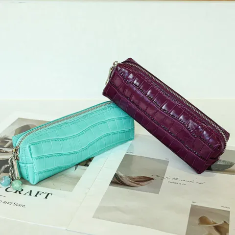 Women's Genuine Leather Crocodile Pattern Cosmetic Bag Portable Head Layer Cowhide Makeup Pouch Zipper Toiletry Organizer Handbag