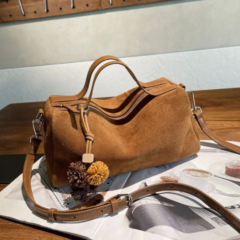 Vintage Top Layer Cowhide Boston Bag For Women Retro Suede Leather Shoulder Crossbody Handbag Top Handle Pillow Bag Commuting Wear Resistant