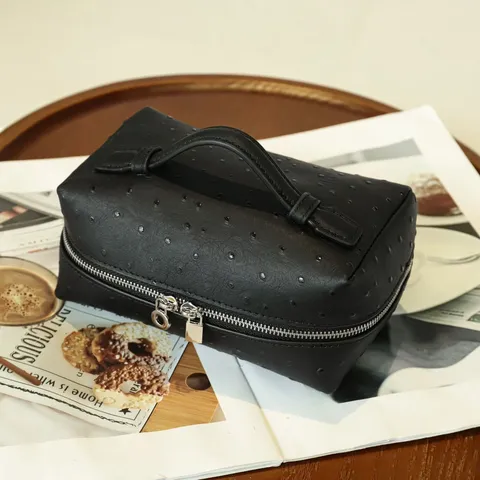 Echtes Leder Straußenmuster Tragbare Kosmetiktasche Reise Kulturbeutel Luxus Damen Make-up Organizer Handtasche