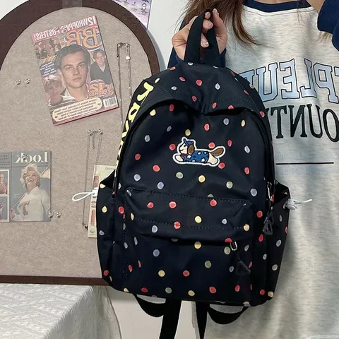 Zaino Casual Stampa Cane Cartoon Stile Ins Carino Borsa Scolastica a Pois Con Ciondolo in Peluche Per Donne Studenti
