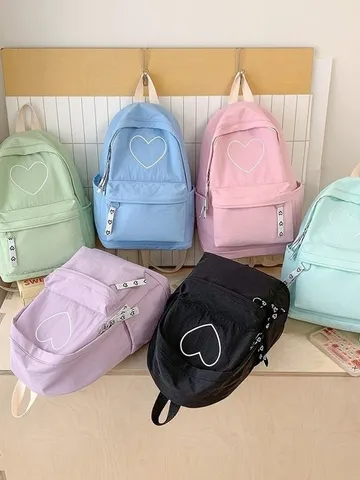 Zaino Casual in Nylon da Donna Grande Capacità Stile Universitario Zainetto Scolastico Tinta Unita Semplice Ricamo Cuore