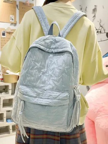 Zaino in Nylon Tinta Unita Minimalista Grande Capacità Motivo a Stelle Borsa Casual Scolastica per Donna