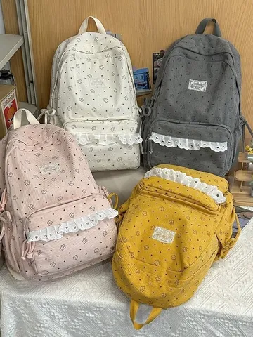 Zaino in Velluto a Coste con Stampa Floreale Stile Coreano Bordo in Pizzo Zainetto Scolastico per Donne