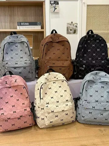 Zaino in Velluto a Coste di Moda Coreana per Donne Grande Capacidad Borsa Scolastica per Studenti Simpatico Fiocco Borsa Casual da Commute
