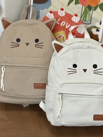 Zaino in Velluto a Coste con Gatto Gatto Cartone Animato Carino Donna Grande Capacità Stile College Borsa Scolastica Studente