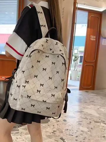 Zaino in Velluto a Coste di Moda Coreana per Donne Grande Capacidad Borsa Scolastica per Studenti Simpatico Fiocco Borsa Casual da Commute