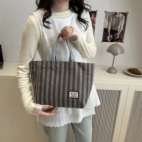 Borsa Shopping in Velluto a Coste a Righe Donna Casual Stile Urbano Minimalista Borsa a Spalla Con Toppa Tema Campeggio all'Aperto