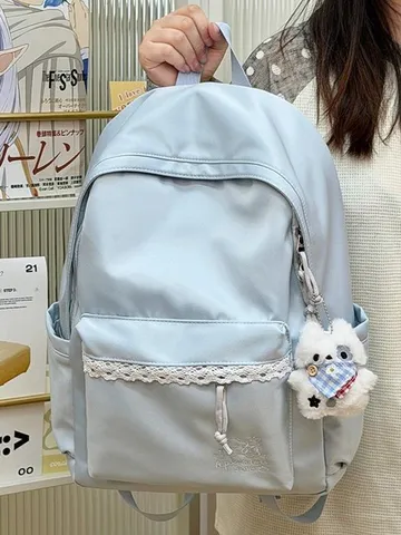 Sac à Dos Simple Couleur Unie Style Coréen Femme Joli Garniture en Dentelle Grande Capacité Sac d'École Casual