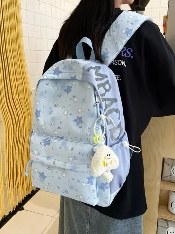 Zaino Scolastico di Grande Capacità con Stampa Stellata in Nylon Casual Impermeabile per Studenti Donne Quotidiano