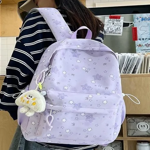 Zaino Scolastico di Grande Capacità con Stampa Stellata in Nylon Casual Impermeabile per Studenti Donne Quotidiano