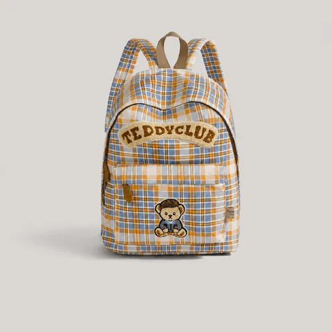 Vintage Plaid Teddy Bear Cartoon Backpack Large Capacity School Bag Casual Commuting Student Bookbag Fashion Daypack