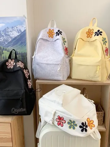 Zaino in Nylon con Ricamo Floreale di Cartoni Animati Grande Capacità Borsa Scolastica per Studenti Casual Versatile
